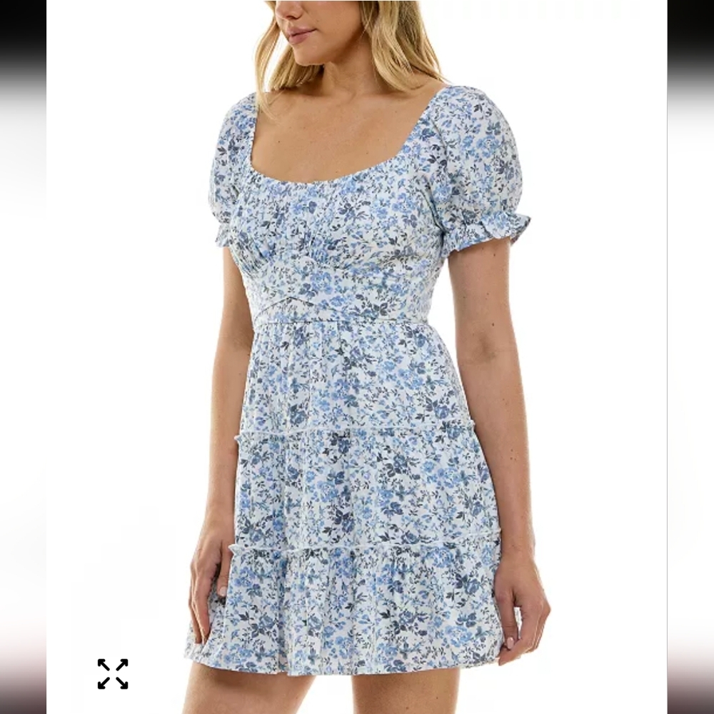 Trixxi Blue And White Floral Puff Sleeve Fit And Flare Summer Dress